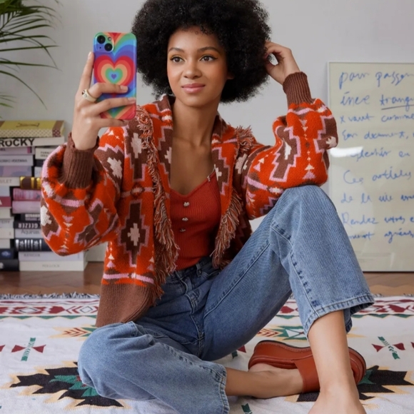 Boho sweater with tassles | Southwestern aztec print cardigan - Picture 3 of 6